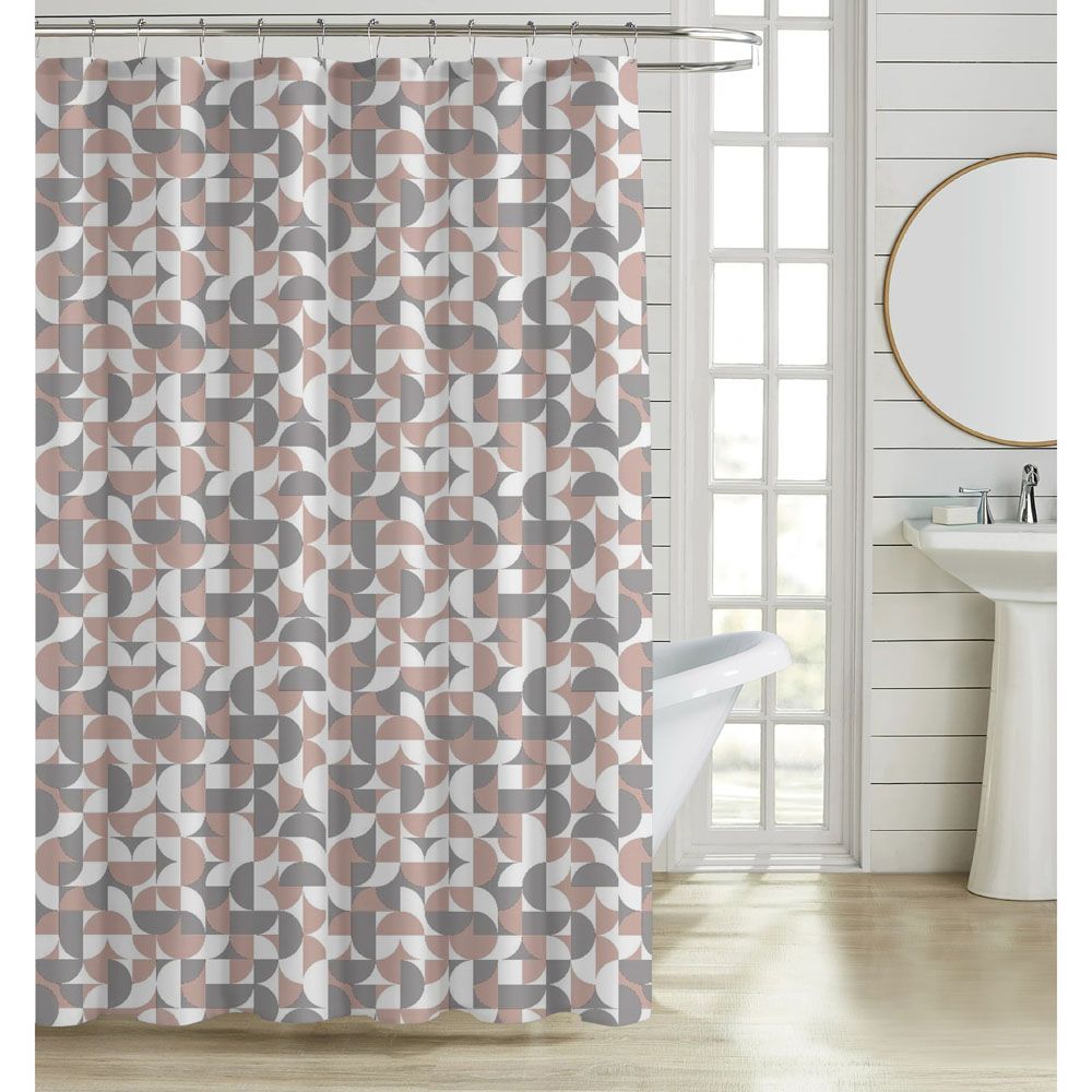 ΚΟΥΡΤΙΝΑ ΜΠΑΝΙΟΥ ΠΟΛΥΕΣΤΕΡΙΚΗ 180x200εκ 90gsm ΜΕ 12 ΚΡΙΚΟΥΣ ΓΕΩΜΕΤΡΙΚΟ ΜΟΤΙΒΟ ΡΟΖ ΚΑΙ ΓΚΡΙ ΧΡΩΜΑ ANKOR